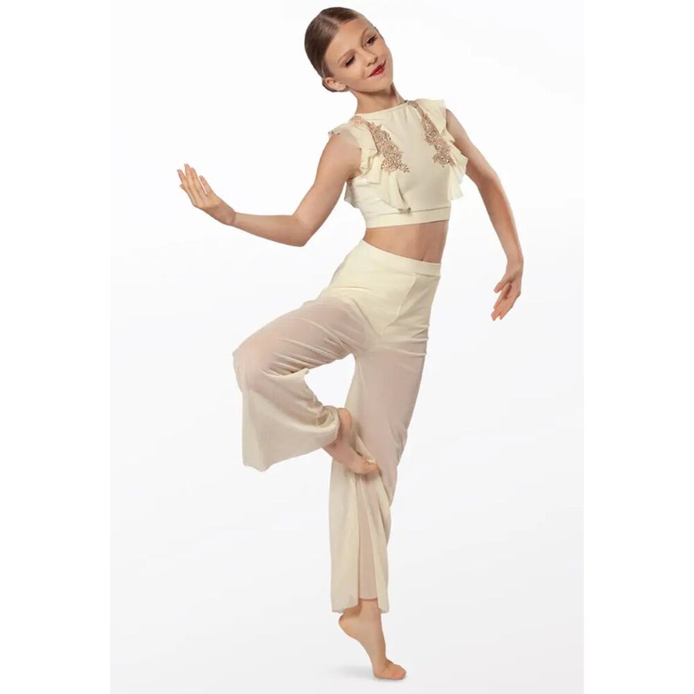 Weissman Cream Two-Piece Dance Outfit with Lace Appliqué